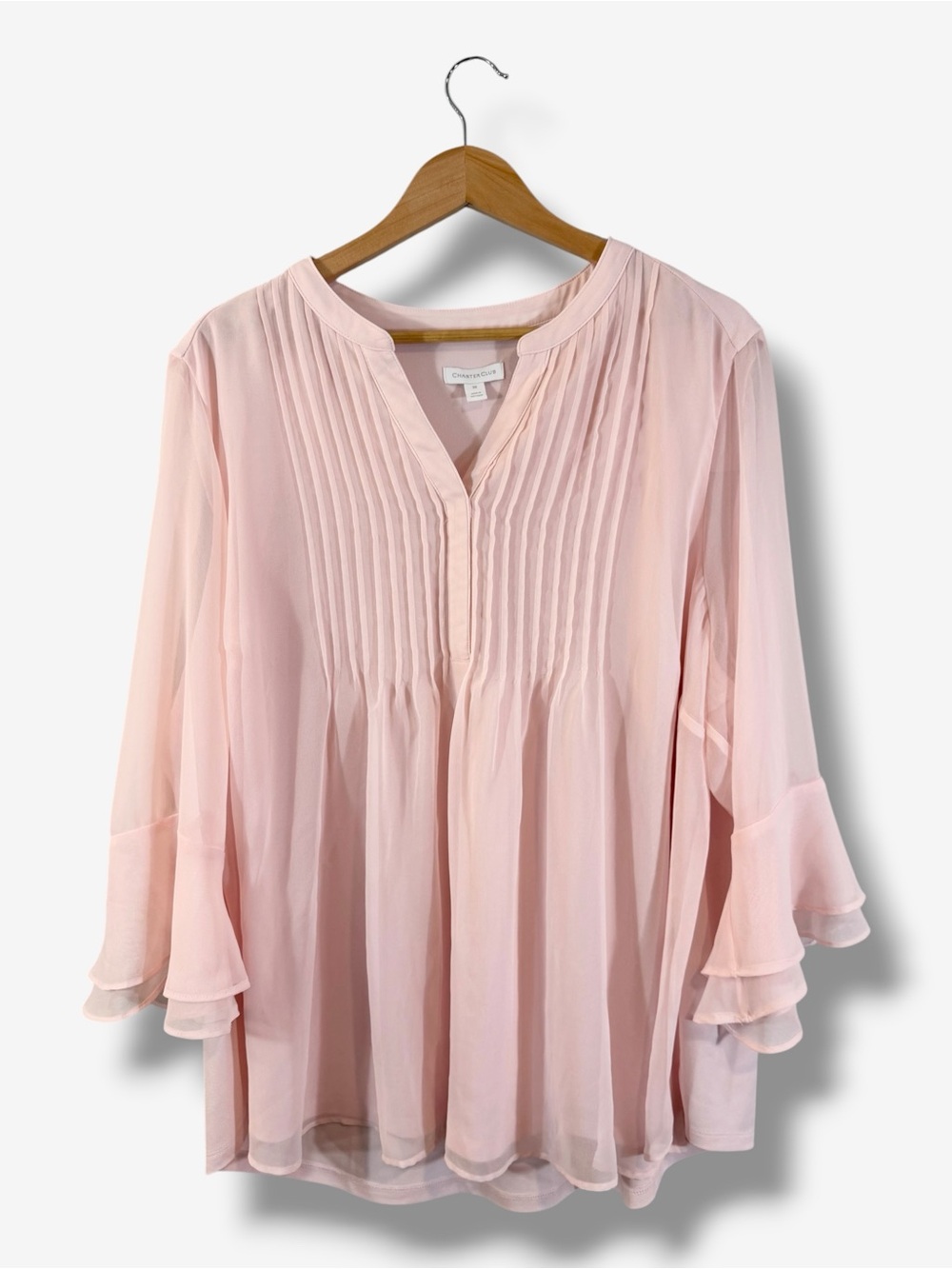 Charter Club Pink V-Neck Sheer Blouse 3X Flare Bell Sleeve Pintuck Casual Office